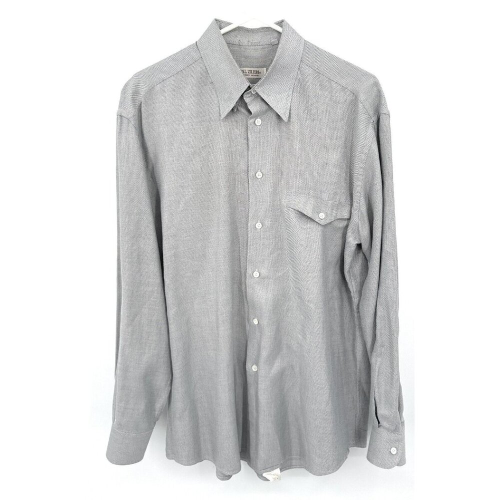 PAL ZILERI Sz 16 ‎ 41 Point Collar Check Shirt Gray Handmade in Italy